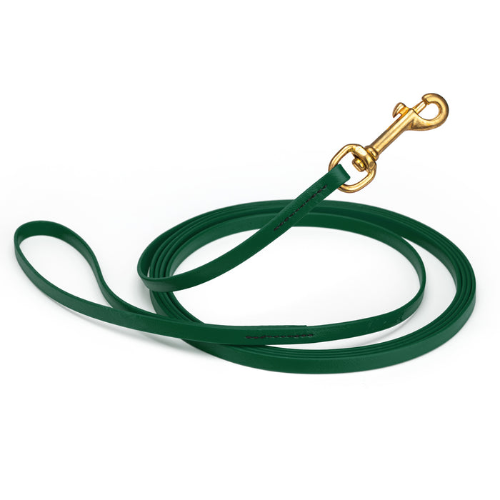 Hunter Green dog leash with brass snap hook, made from waterproof and smell proof Biothane, 3/8 inches wide, 20 ft