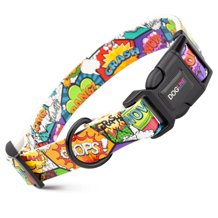 Printed design biothane dog collar with quick release buckle, Comics pattern