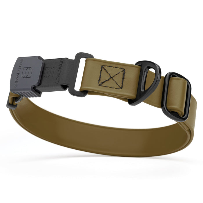 Coyote Brown dog collar with black stainless steel Herm Sprenger quick release buckle, made from waterproof Biothane