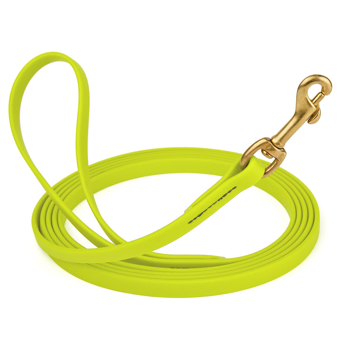 Safety Yellow dog leash with brass snap hook, made from waterproof and smell proof Biothane, 1/2 inches wide, 33 ft