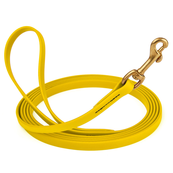 Lemon Yellow dog leash with brass snap hook, made from waterproof and smell proof Biothane, 1/2 inches wide, 10 ft