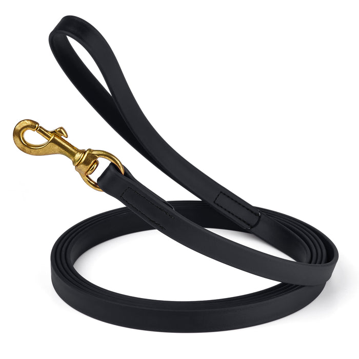 Black dog leash with brass snap hook, made from waterproof and smell proof Biothane, 3/4 inches wide, 15 ft