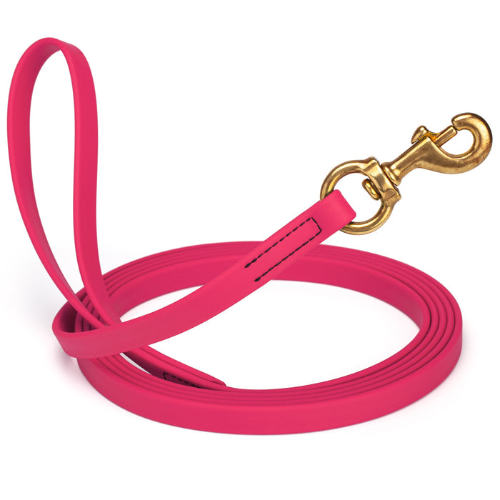 Passionfruit Pink dog leash with brass snap hook, made from waterproof and smell proof Biothane, 5/8 inches wide, 15 ft