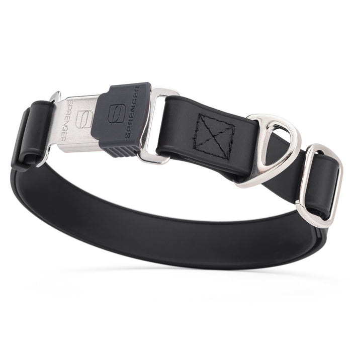 Black dog collar with stainless steel Herm Sprenger quick release buckle, made from waterproof Biothane