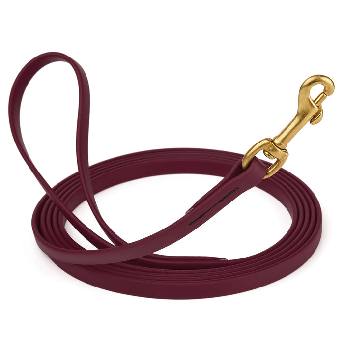 Merlot Burgundy dog leash with brass snap hook, made from waterproof and smell proof Biothane, 1/2 inches wide, 20 ft