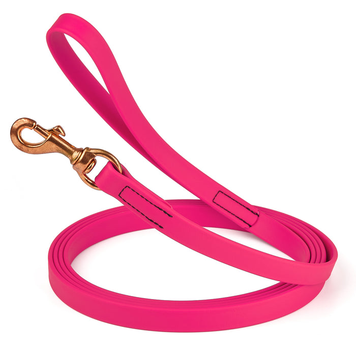 Passionfruit Pink dog leash with brass snap hook, made from waterproof and smell proof Biothane, 3/4 inches wide, 20 ft