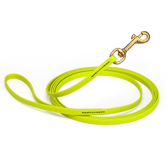Safety Yellow dog leash with brass snap hook, made from waterproof and smell proof Biothane, 3/8 inches wide, 33 ft