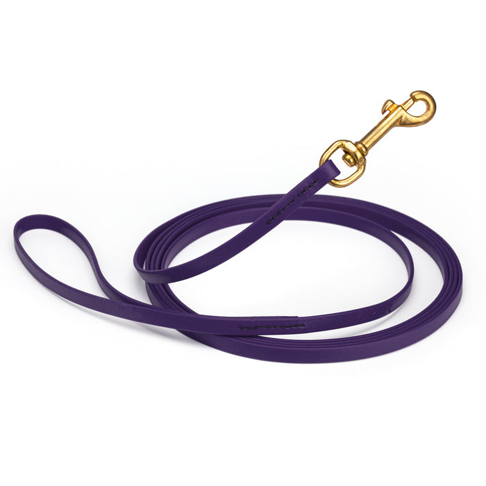 Violet Purple dog leash with brass snap hook, made from waterproof and smell proof Biothane, 3/8 inches wide, 33 ft