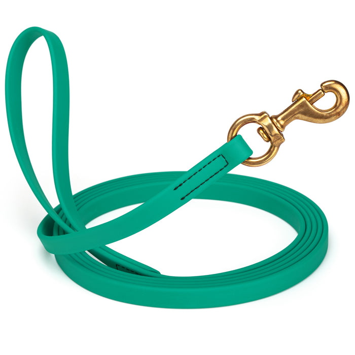 Teal dog leash with brass snap hook, made from waterproof and smell proof Biothane, 5/8 inches wide, 20 ft