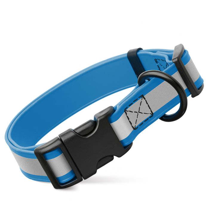 Blue reflective dog collar with quick release buckle and wide reflective strip, made from waterproof Biothane, 1-inch wide