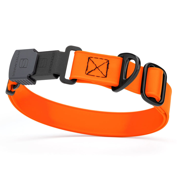 Hunter Orange dog collar with black stainless steel Herm Sprenger quick release buckle, made from waterproof Biothane