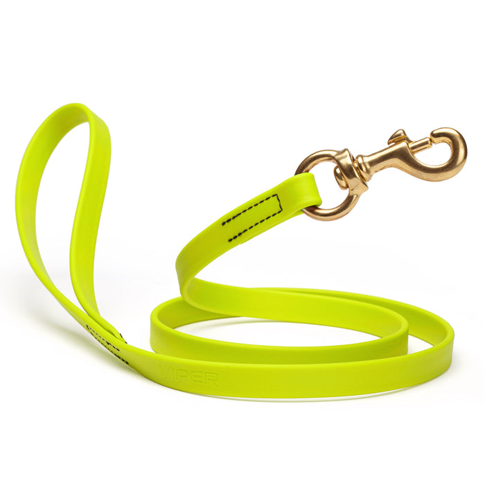 Safety Yellow dog leash with brass snap hook, made from waterproof Biothane, 5/8 or 3/4 inches wide