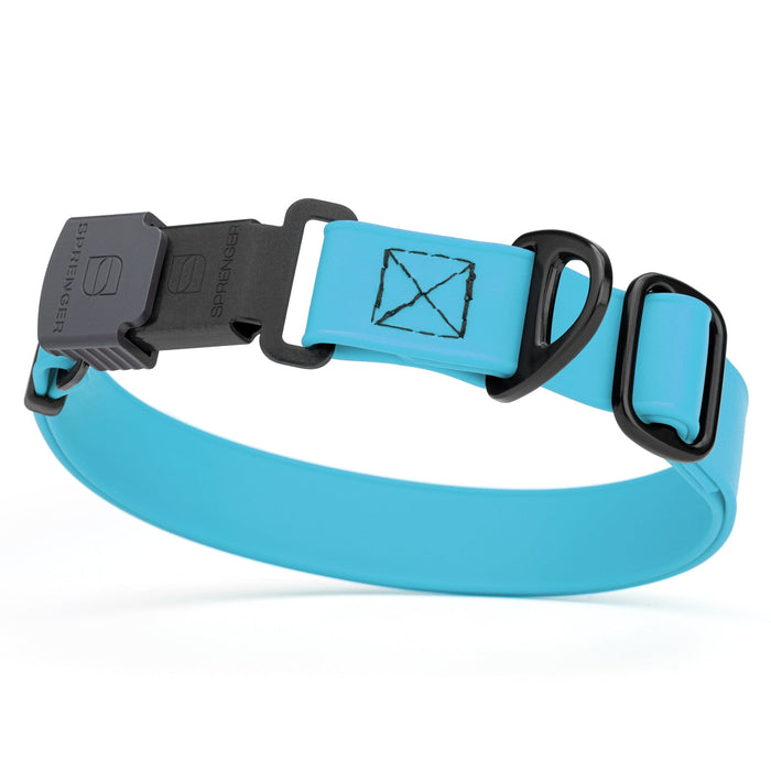 Sky Blue dog collar with black stainless steel Herm Sprenger quick release buckle, made from waterproof Biothane