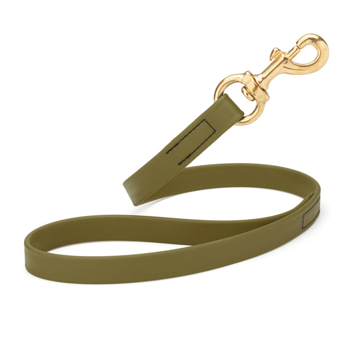 Olive Drab Green traffic dog leash with brass snap hook, made from waterproof Biothane