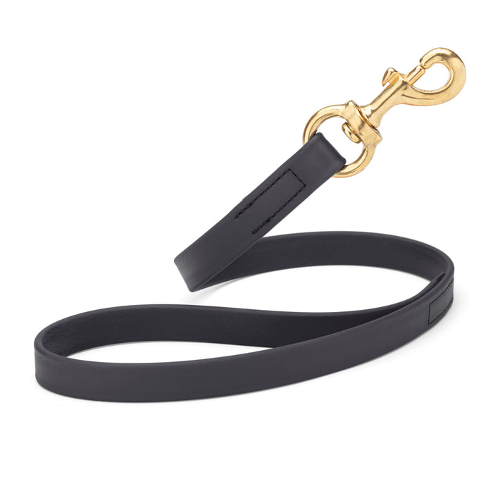 Black traffic dog leash with brass snap hook, made from waterproof Biothane