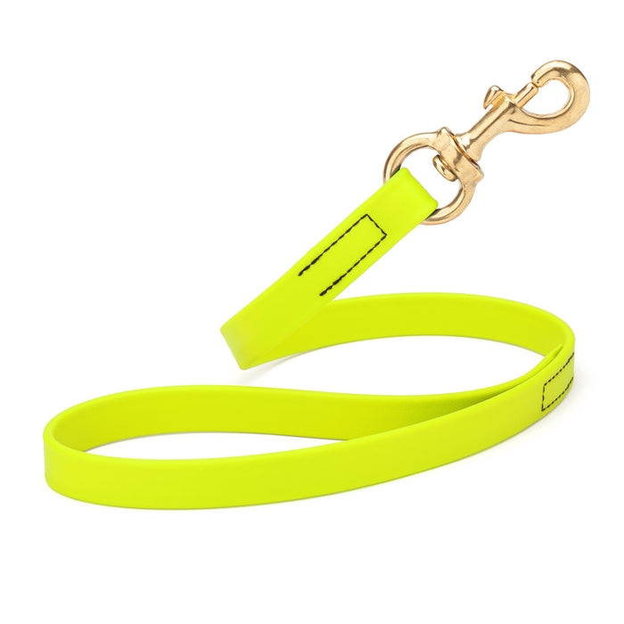 Safety Yellow traffic dog leash with brass snap hook, made from waterproof Biothane