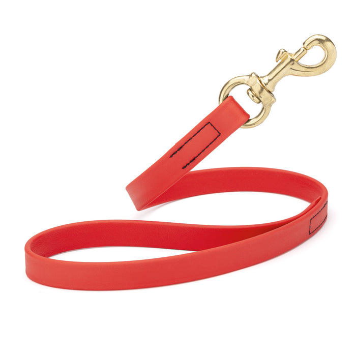 Cherry red traffic dog leash with brass snap hook, made from waterproof Biothane