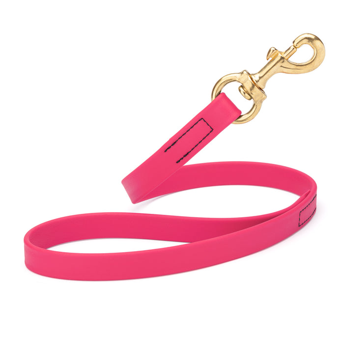 Passionfruit Pink traffic dog leash with brass snap hook, made from waterproof Biothane