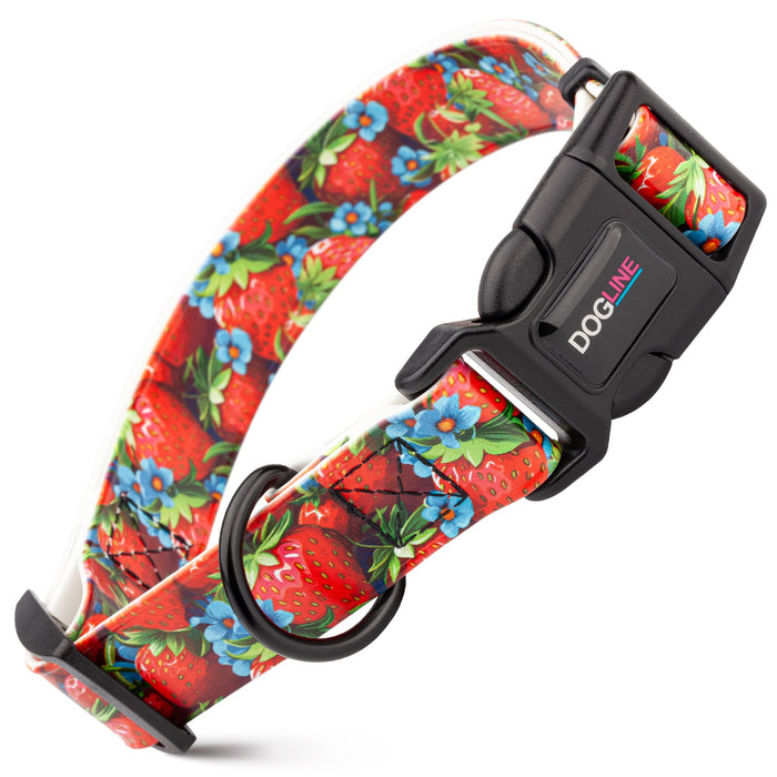 Printed design biothane dog collar with quick release buckle, Strawberries pattern