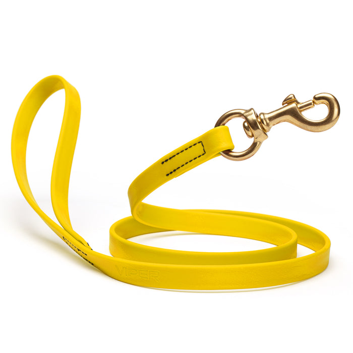 Lemon Yellow dog leash with brass snap hook, made from waterproof Biothane, 5/8 or 3/4 inches wide