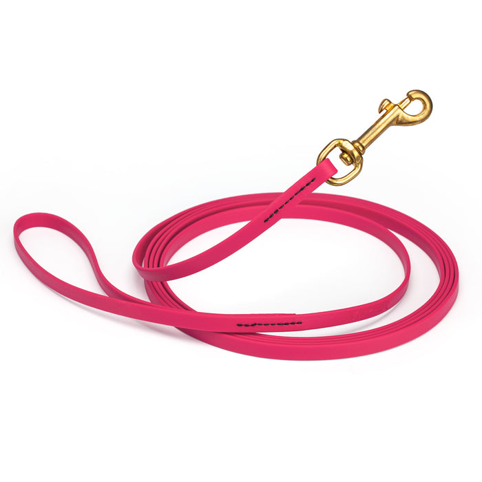 Passionfruit Pink dog leash with brass snap hook, made from waterproof and smell proof Biothane, 3/8 inches wide, 20 ft