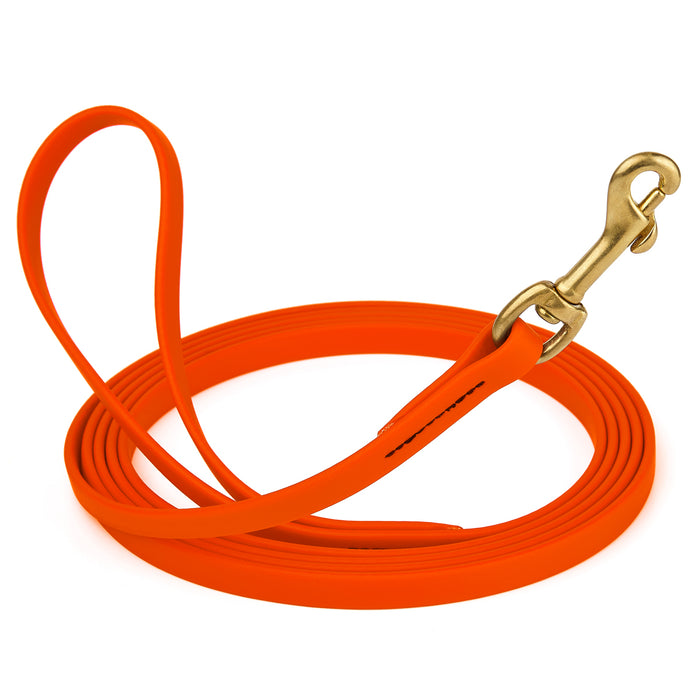 Hunter Orange dog leash with brass snap hook, made from waterproof and smell proof Biothane, 1/2 inches wide, 20 ft