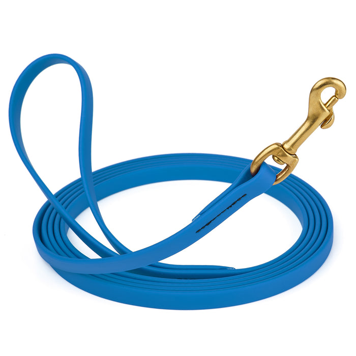 Cerulean Blue dog leash with brass snap hook, made from waterproof and smell proof Biothane, 1/2 inches wide, 15 ft