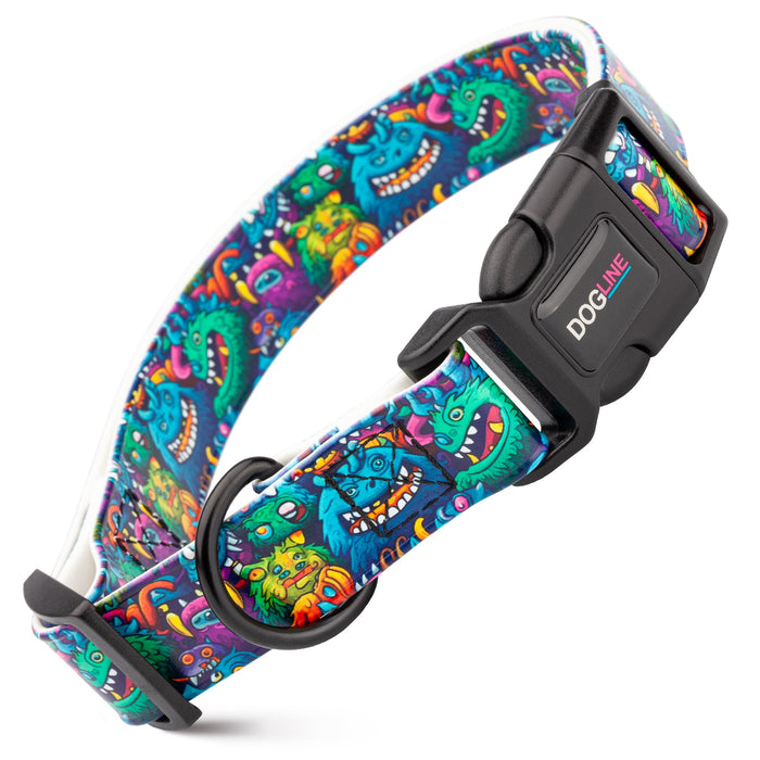 Printed design biothane dog collar with quick release buckle, Monsters pattern