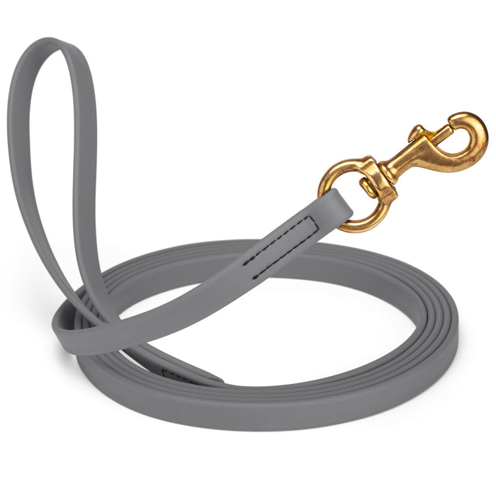 Battleship Gray dog leash with brass snap hook, made from waterproof and smell proof Biothane, 5/8 inches wide, 10 ft