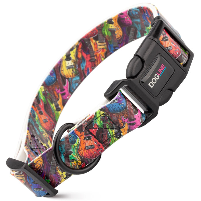 Printed design biothane dog collar with quick release buckle, Guitars pattern