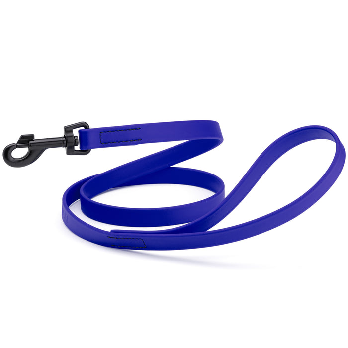 Blueberry dog leash with black snap hook, made from waterproof Biothane, 3/4 or 5/8 inches wide