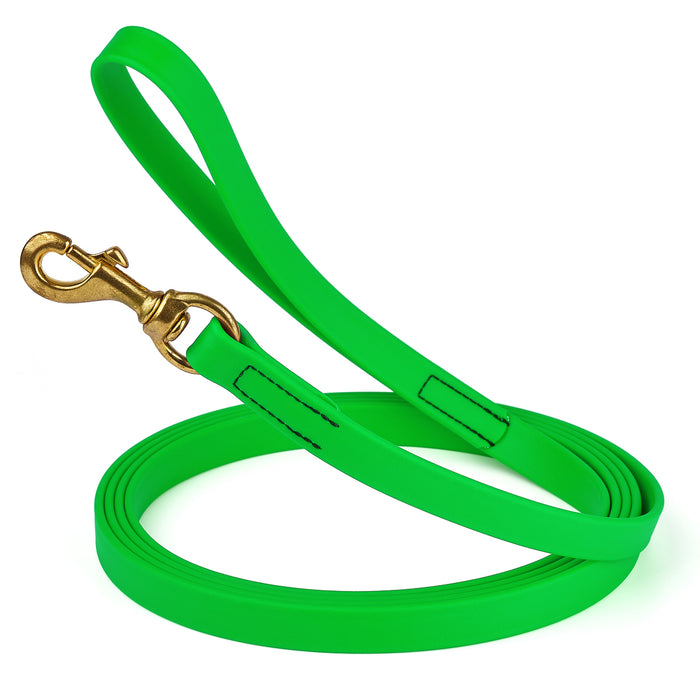 Tropical Green dog leash with brass snap hook, made from waterproof and smell proof Biothane, 3/4 inches wide, 15 ft