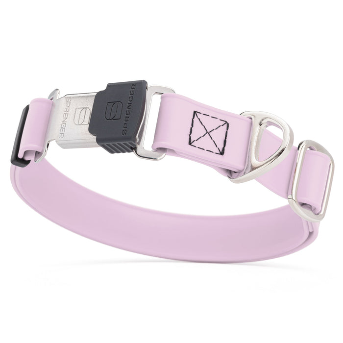 Pastel Purple dog collar with stainless steel Herm Sprenger quick release buckle, made from waterproof Biothane