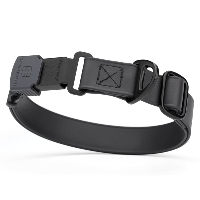 Black dog collar with black stainless steel Herm Sprenger quick release buckle, made from waterproof Biothane