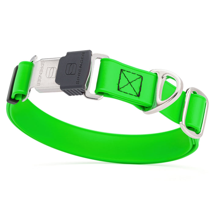 Tropical Green dog collar with stainless steel Herm Sprenger quick release buckle, made from waterproof Biothane