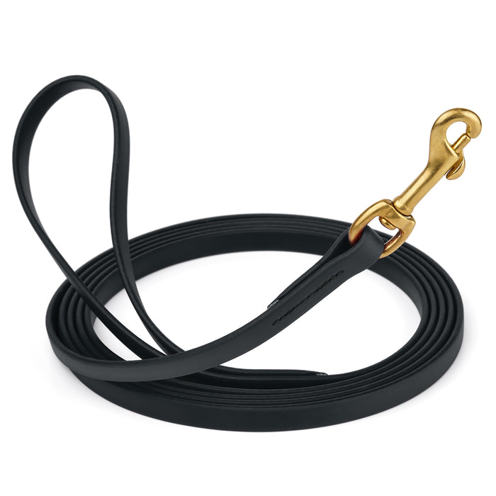 Black dog leash with brass snap hook, made from waterproof and smell proof Biothane, 1/2 inches wide, 15 ft