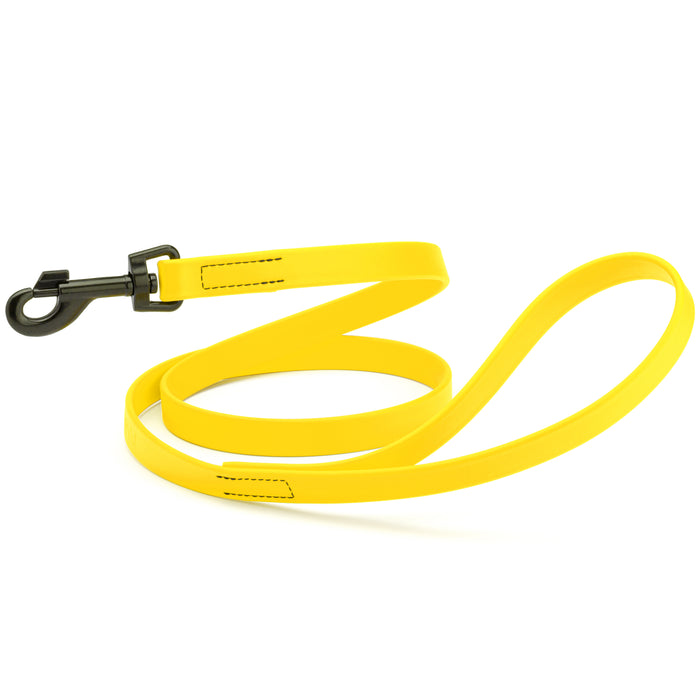 Lemon Yellow dog leash with black snap hook, made from waterproof Biothane, 3/4 or 5/8 inches wide