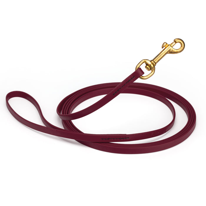 Merlot Burgundy dog leash with brass snap hook, made from waterproof and smell proof Biothane, 3/8 inches wide, 15 ft