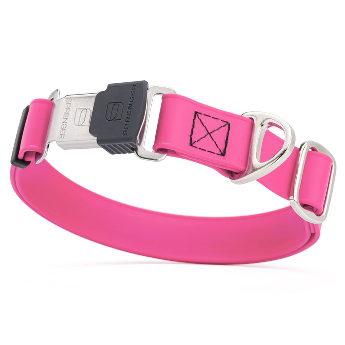 Passionfruit Pink dog collar with stainless steel Herm Sprenger quick release buckle, made from waterproof Biothane