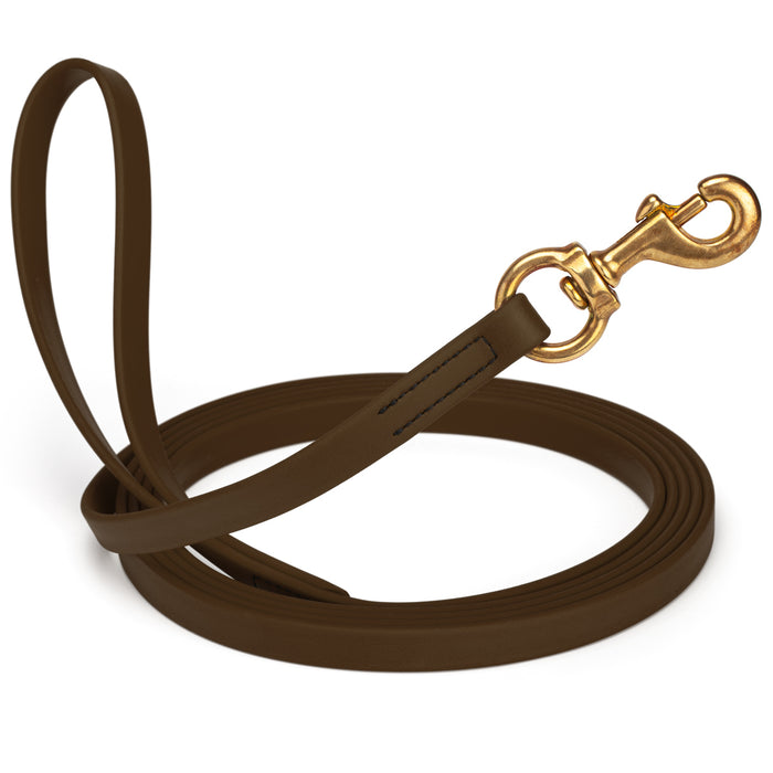 Dark Chocolate Brown dog leash with brass snap hook, made from waterproof and smell proof Biothane, 5/8 inches wide, 20 ft