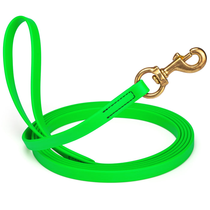 Tropical Green dog leash with brass snap hook, made from waterproof and smell proof Biothane, 5/8 inches wide, 20 ft