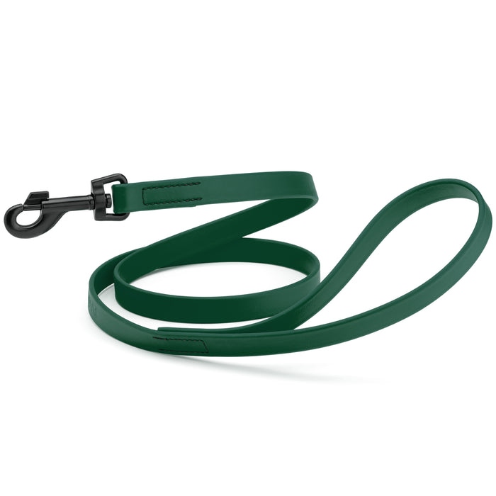 Hunter Green dog leash with black snap hook, made from waterproof Biothane, 3/4 or 5/8 inches wide