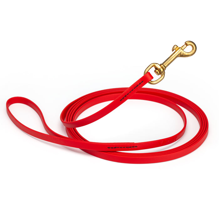 Cherry red dog leash with brass snap hook, made from waterproof and smell proof Biothane, 3/8 inches wide, 10 ft