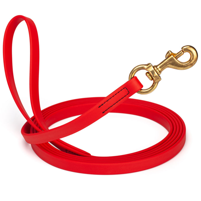 Cherry red dog leash with brass snap hook, made from waterproof and smell proof Biothane, 5/8 inches wide, 15 ft