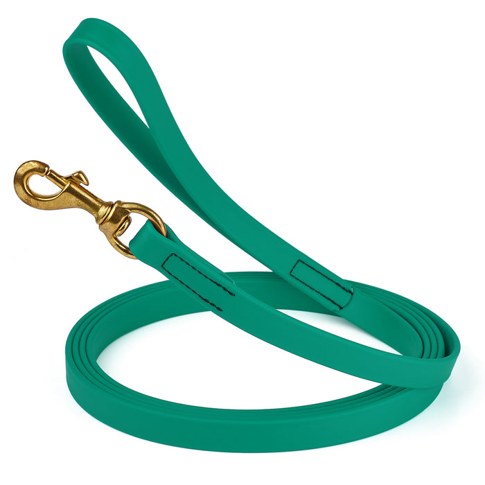 Teal dog leash with brass snap hook, made from waterproof and smell proof Biothane, 3/4 inches wide, 33 ft