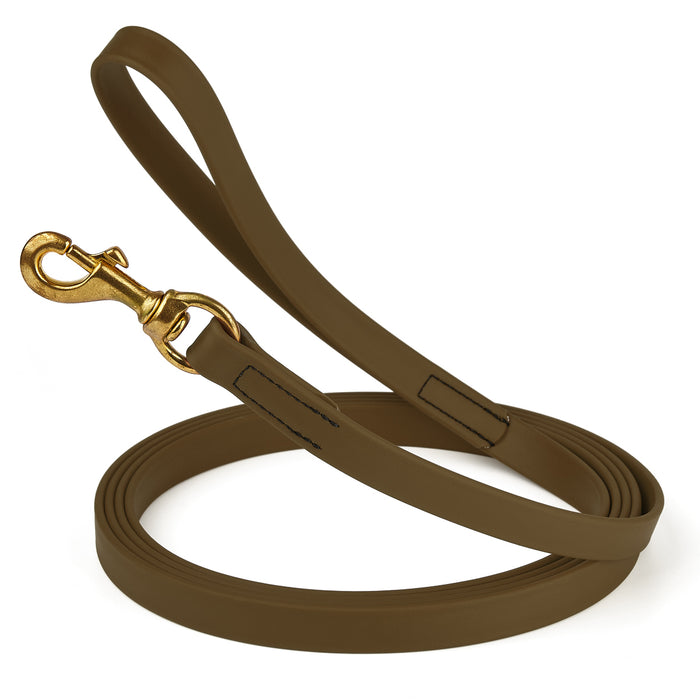 Coyote Brown dog leash with brass snap hook, made from waterproof and smell proof Biothane, 3/4 inches wide, 20 ft
