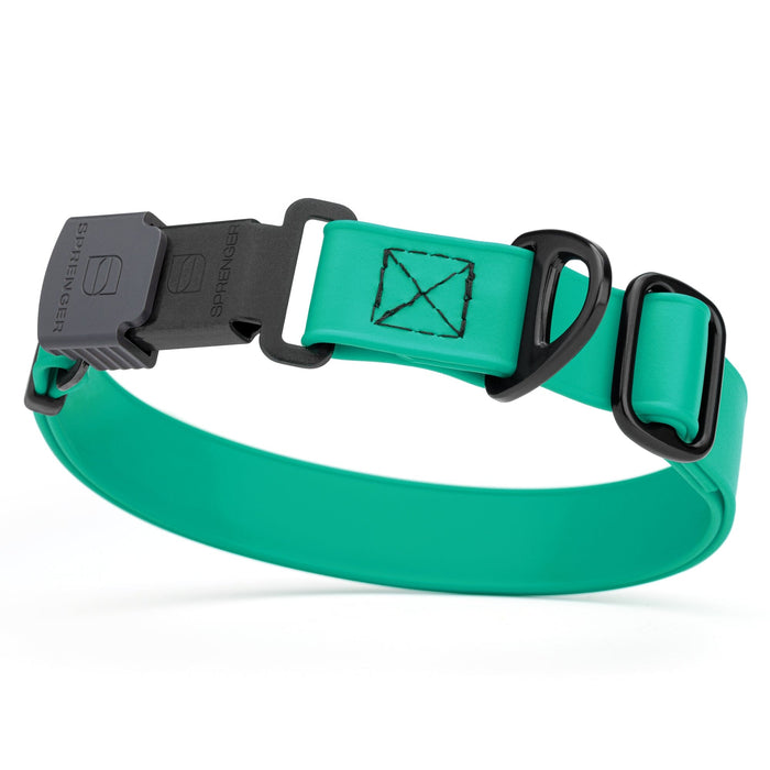 Teal dog collar with black stainless steel Herm Sprenger quick release buckle, made from waterproof Biothane