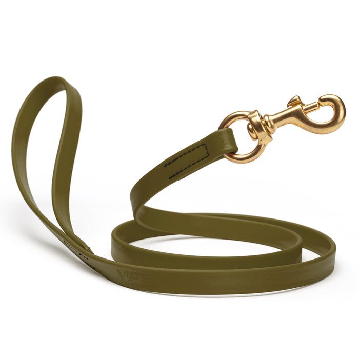 Olive Drab Green dog leash with brass snap hook, made from waterproof Biothane, 5/8 or 3/4 inches wide
