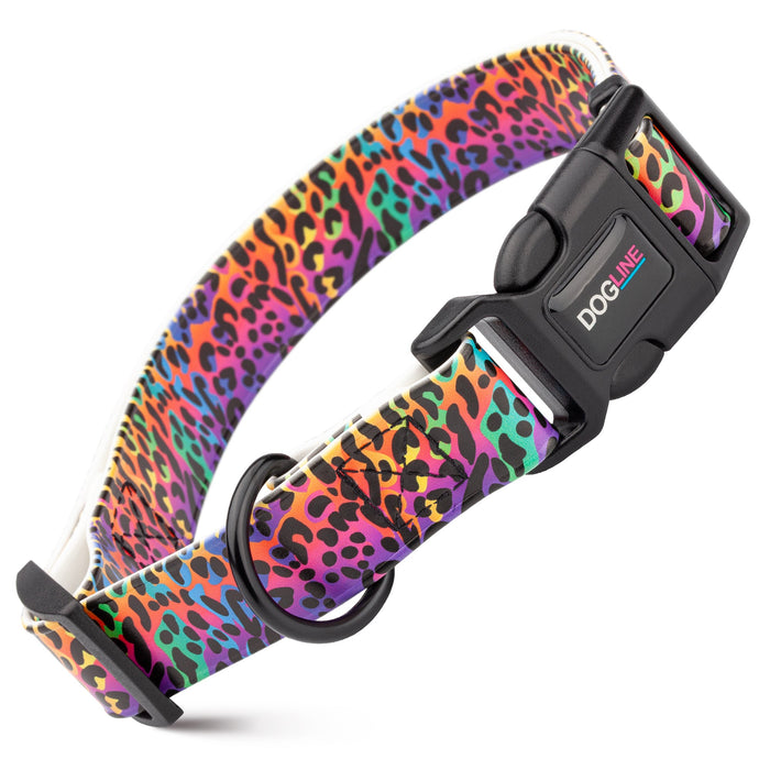Printed design biothane dog collar with quick release buckle, Vibrant Leopard pattern