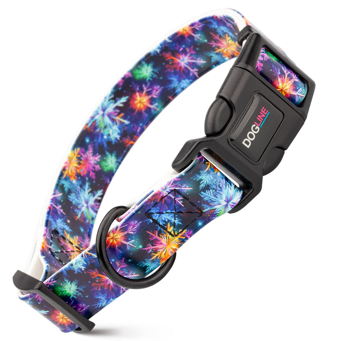 Printed design biothane dog collar with quick release buckle, Vibrant Snowflakes pattern
